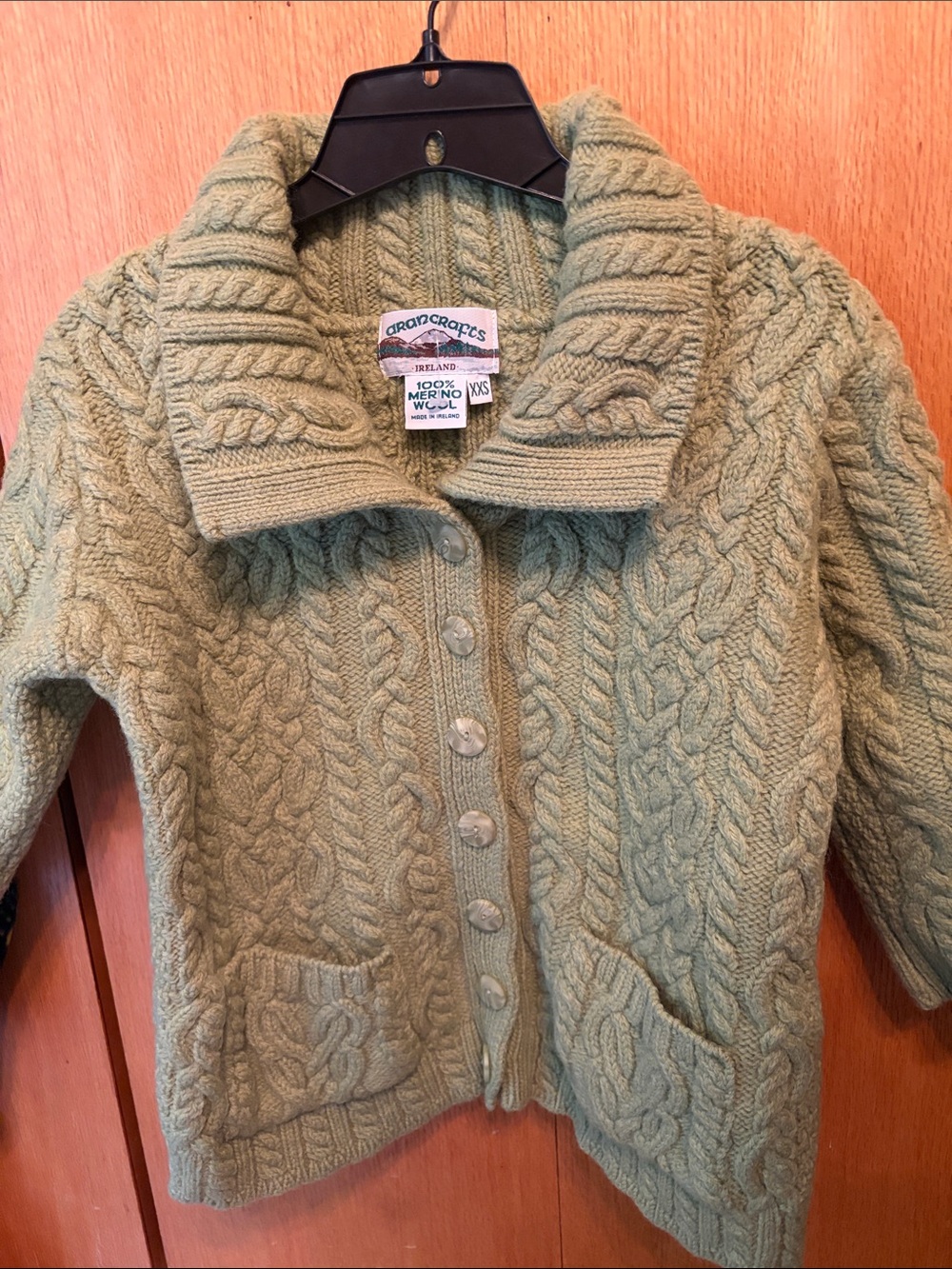 NEW Aran Crafts Irish Merino wool green 3/4 sleeve short button cardigan sweater